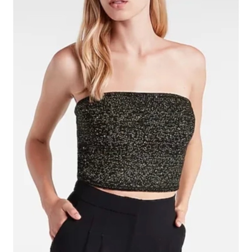 Reunited Clothing Womens Metallic Gold Black Strapless Tube Top Shimmer Knit NEW